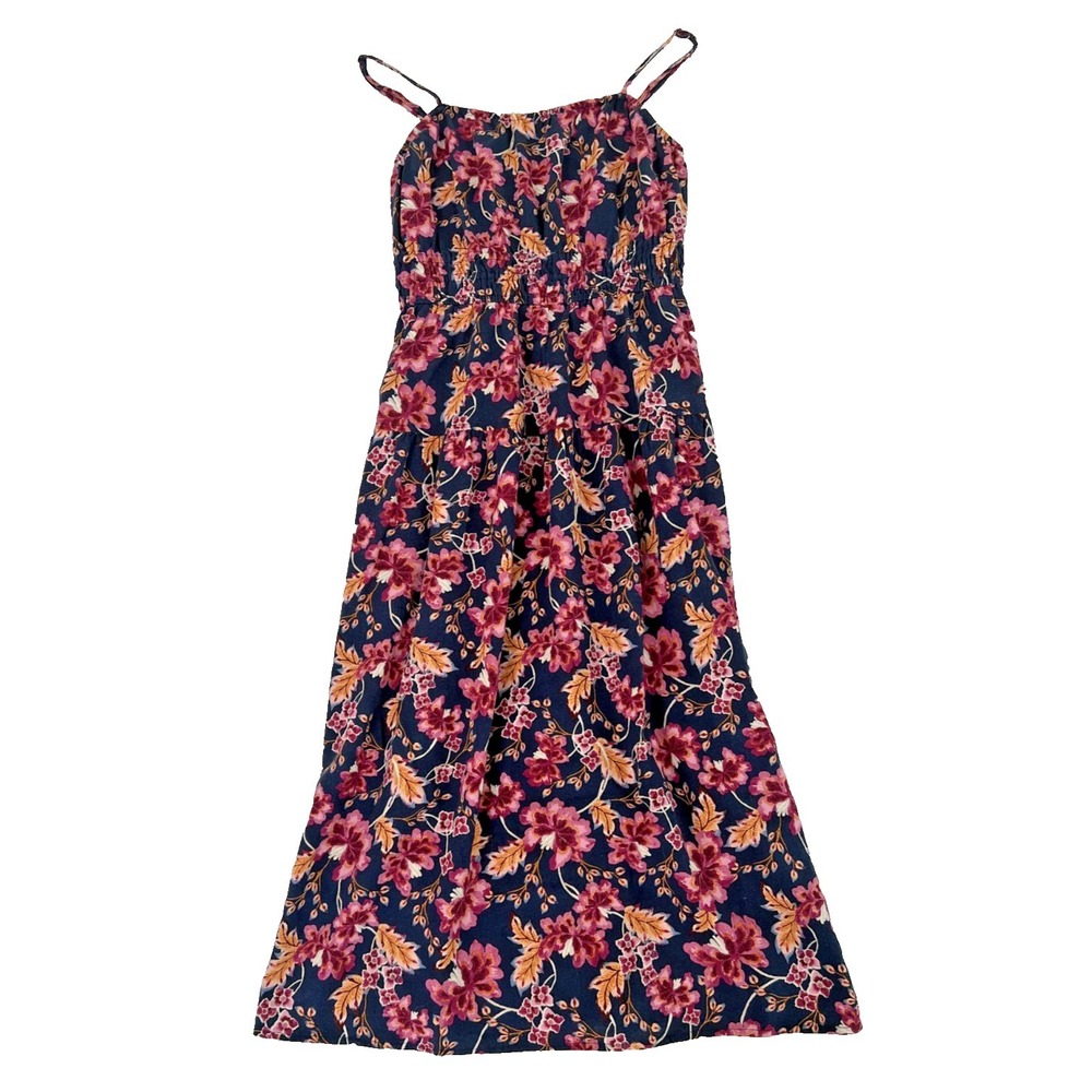 Old Navy Dress Women's Size S Blue Pink Floral Linen Blend Spaghetti Straps Boho